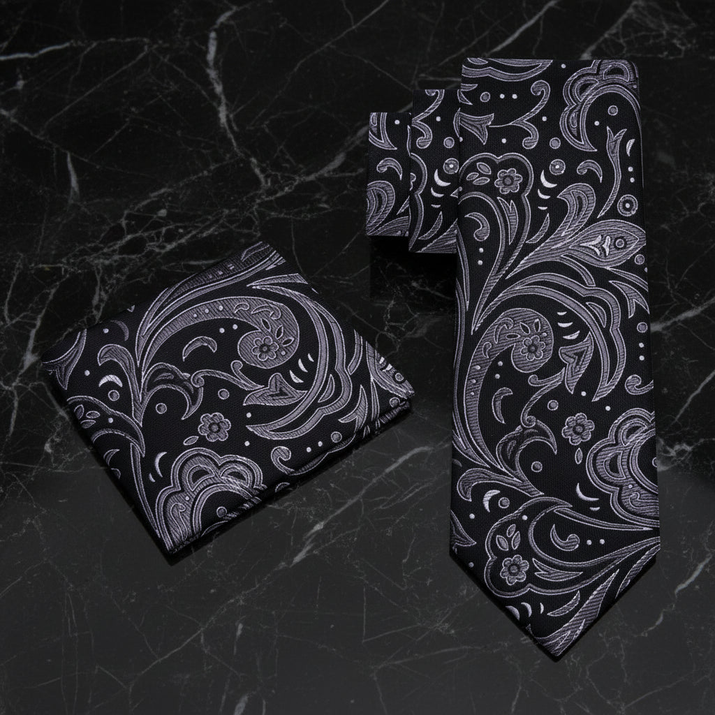 Alt View: A Black, Charcoal Floral Pattern Necktie, Matching Pocket Square