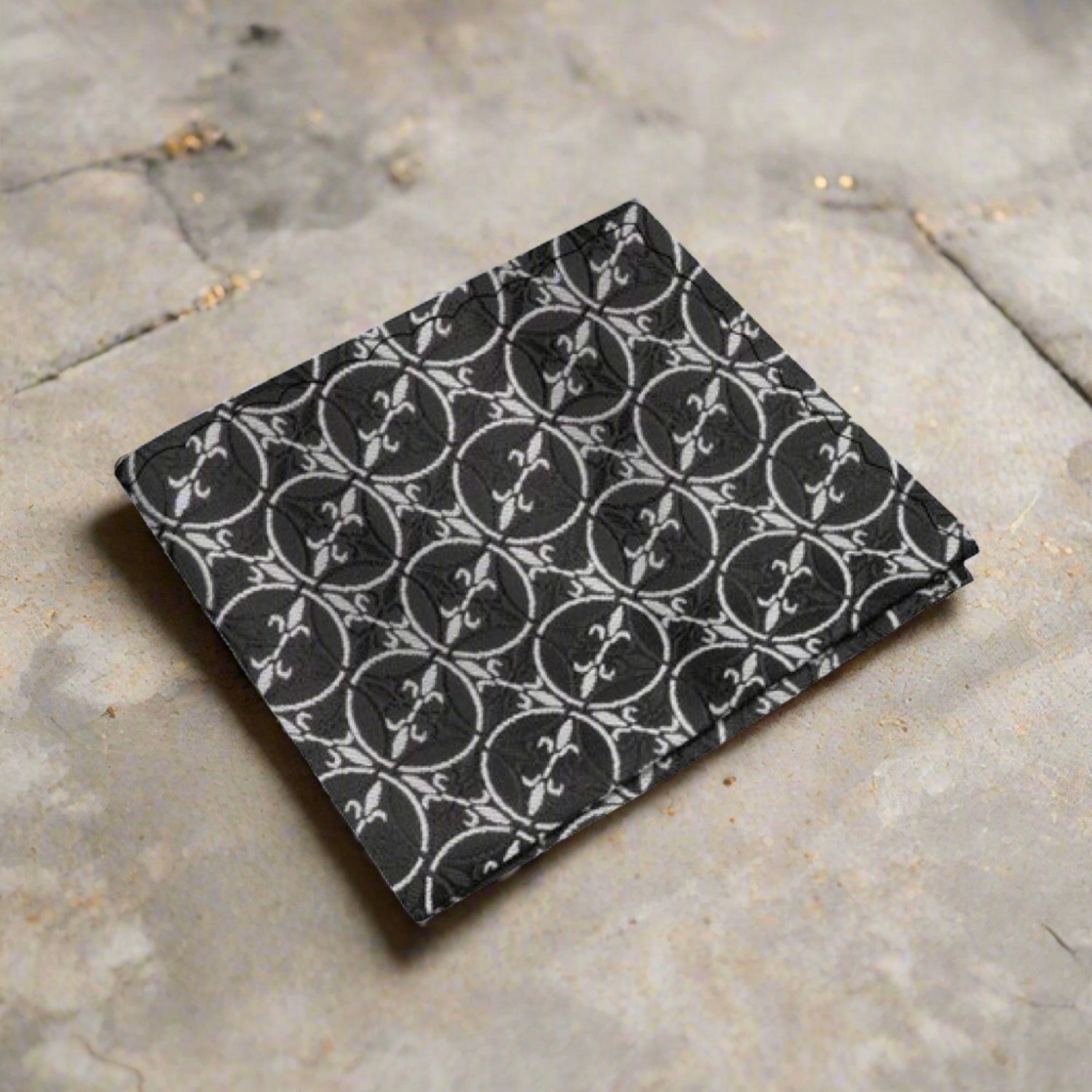 Main View: Black, Grey Fleur Pocket Square