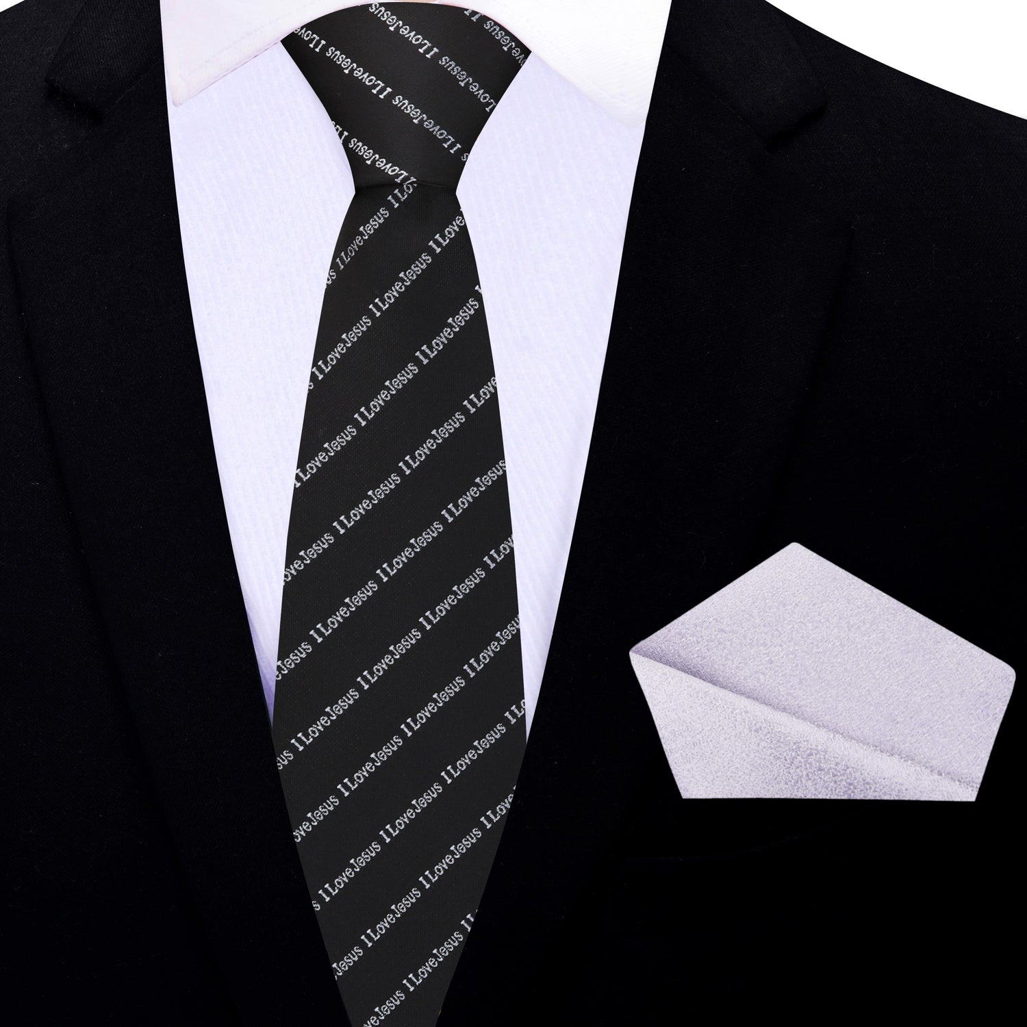 Thin Tie: Black. Silver I love Jesus Necktie and Accenting Silver Square