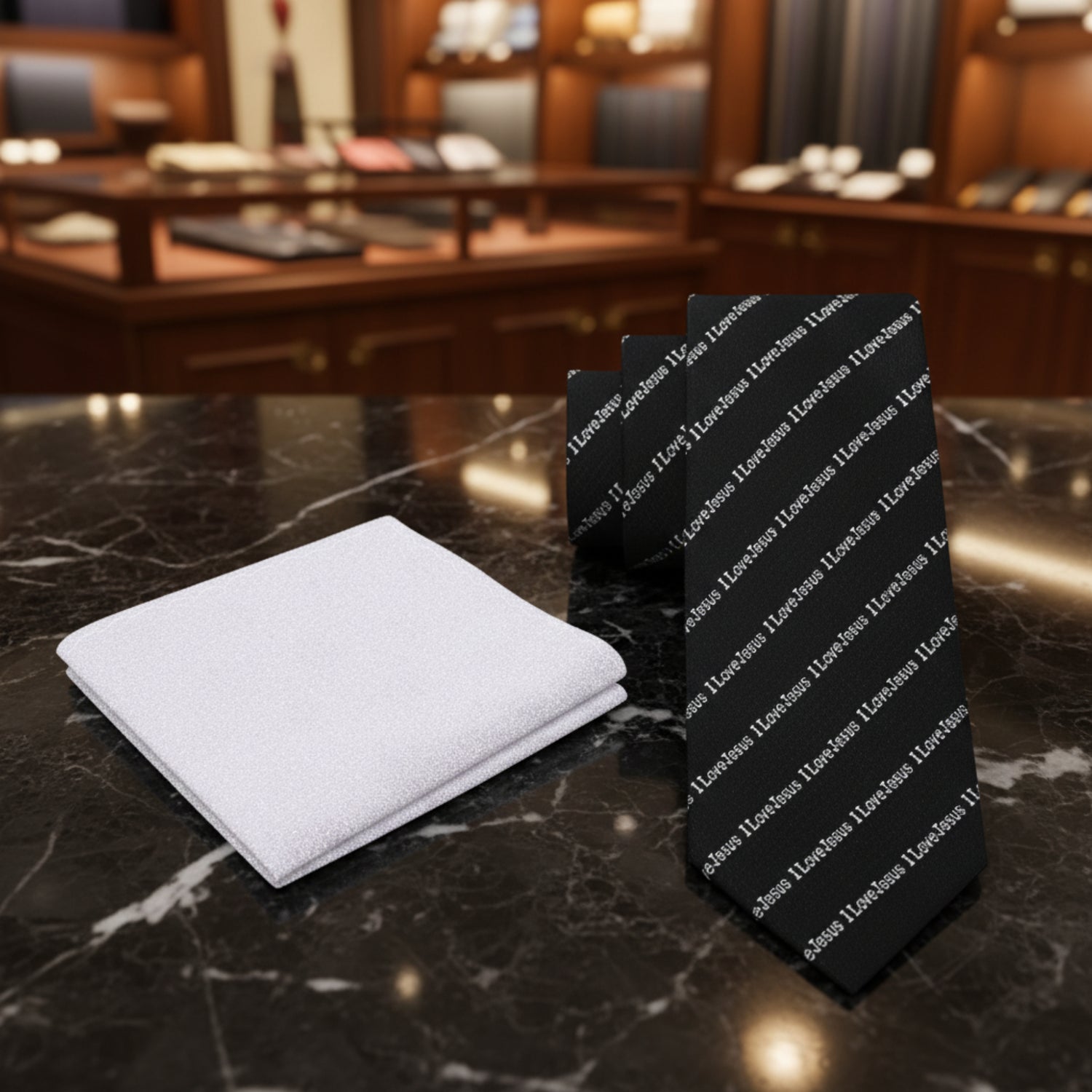 Alt View: Black. Silver I love Jesus Necktie and Accenting Silver Square