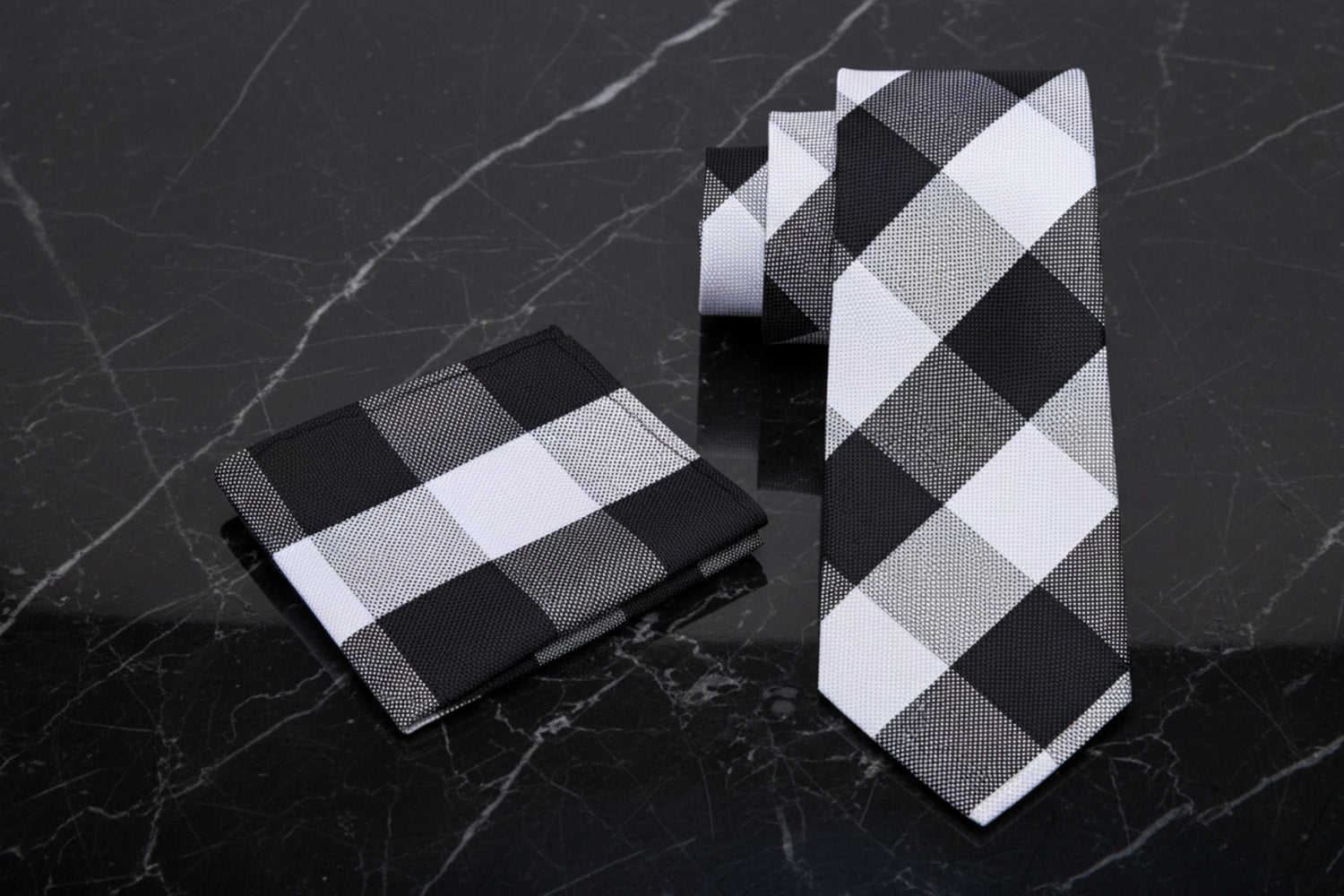 Alt View: A Grey, Black Plaid Pattern Necktie, Matching Pocket Square