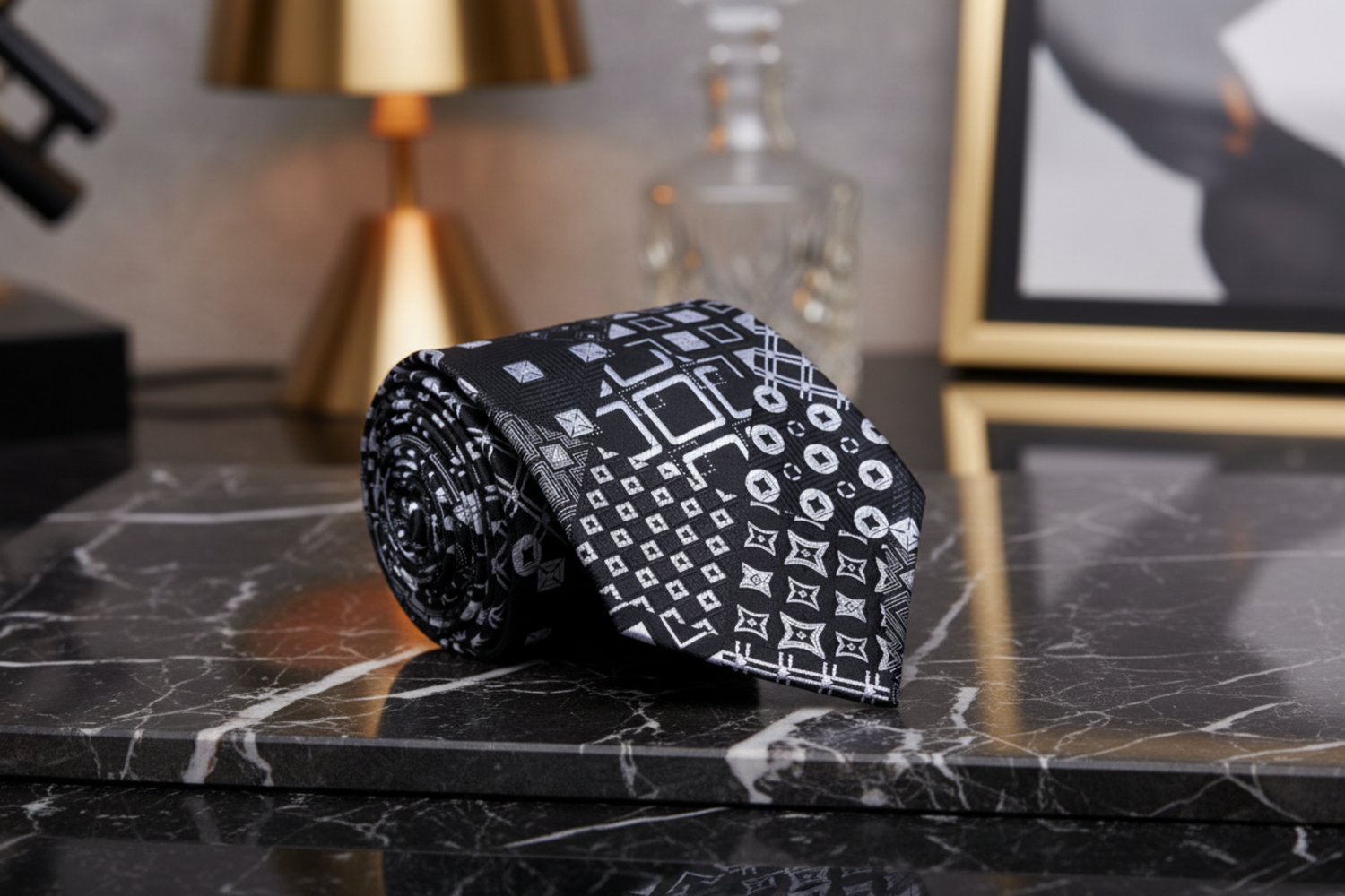 A Black, Grey Abstract Geometric Shapes Pattern Necktie 