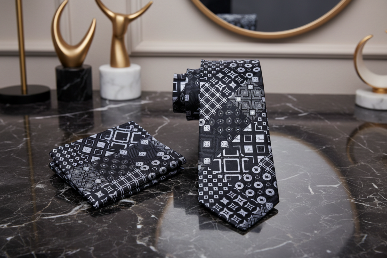 View 2: A Black, Grey Abstract Geometric Shapes Pattern Necktie, Matching Pocket Square
