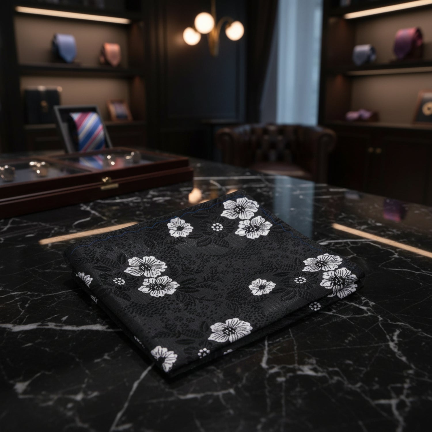 A Black, White Detailed Flowers Pattern Pocket Square