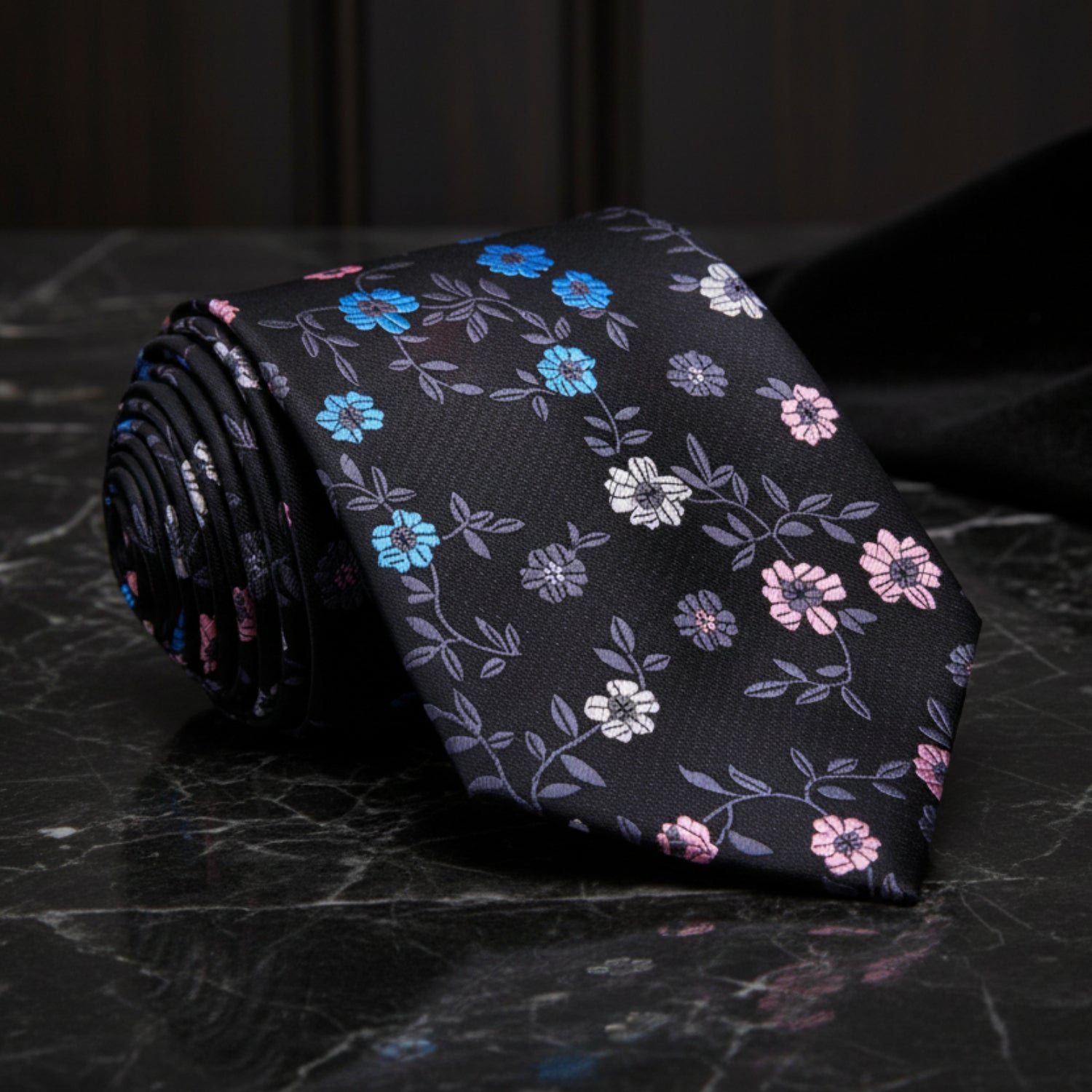 Charcoal, Blue, Pink Flowers Tie  