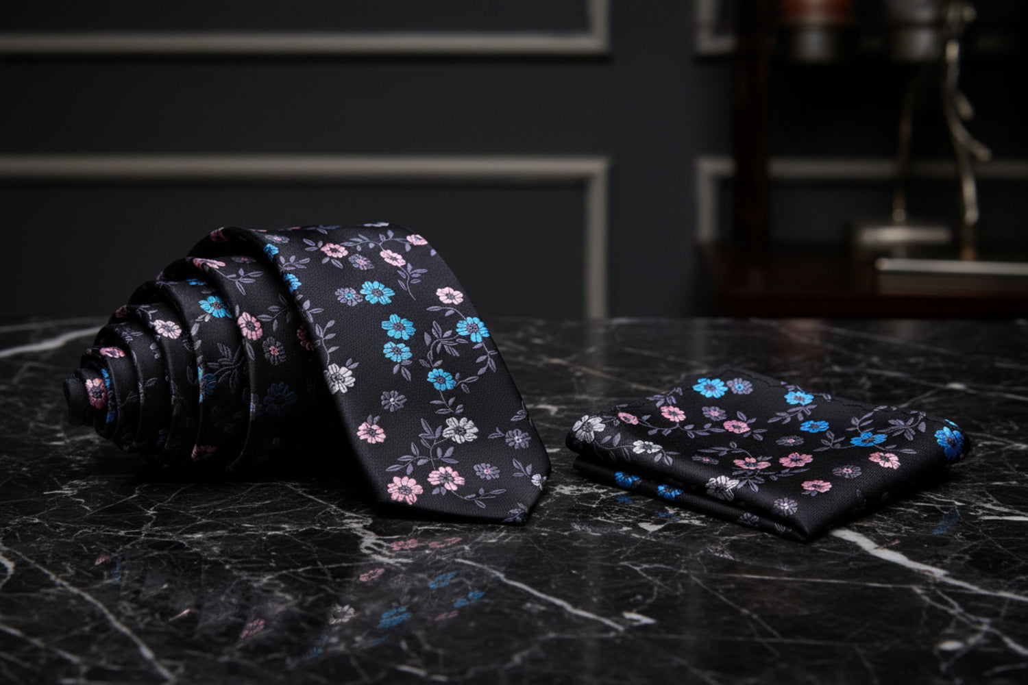 Alt View: Charcoal, Blue, Pink Flowers Tie and Pocket Square
