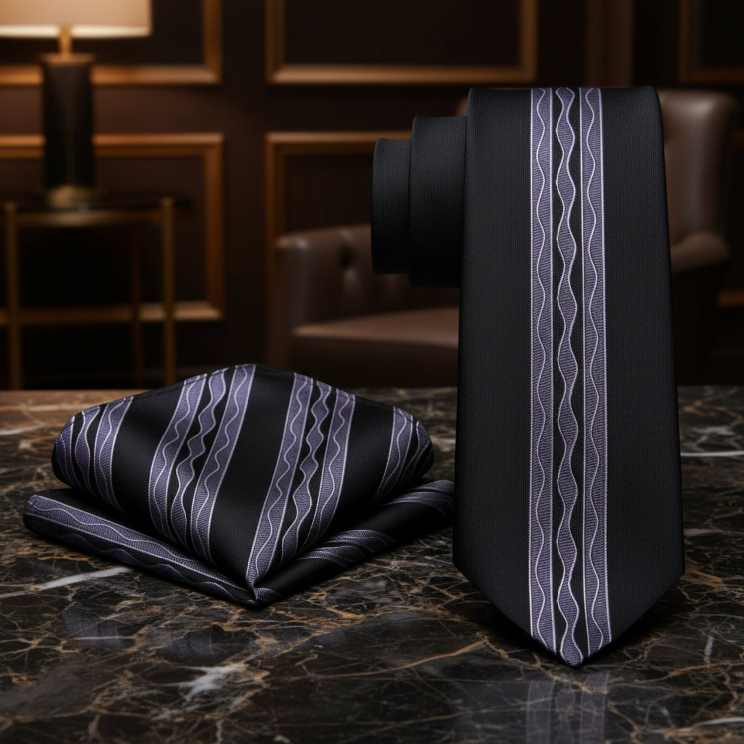 Alt View: Black, Grey Waves Tie and Pocket Square