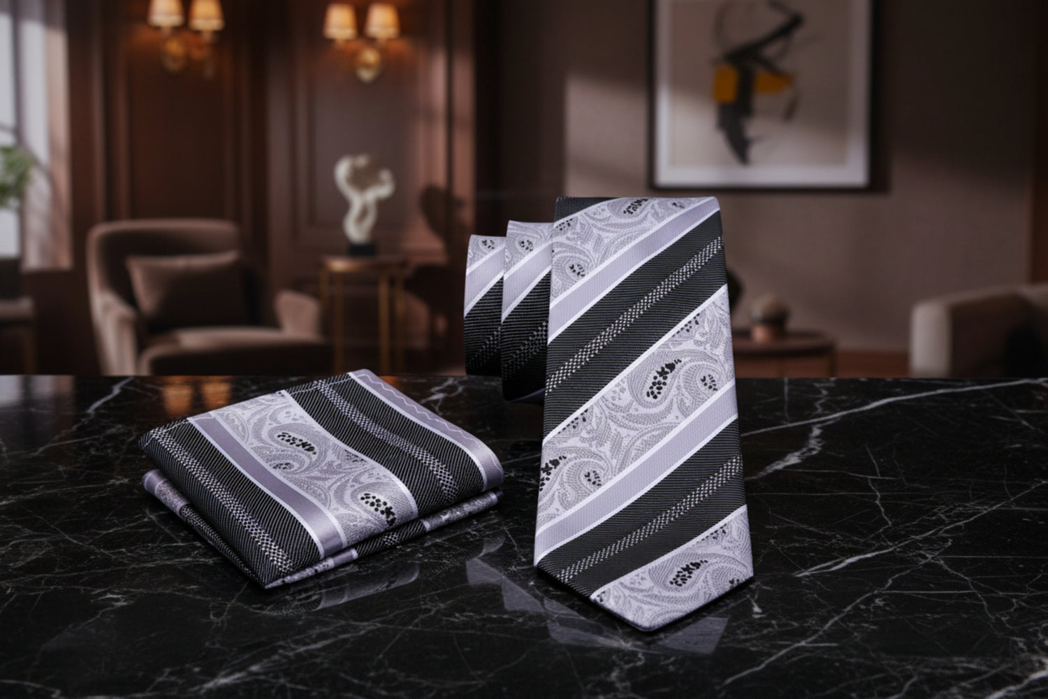Alt View: Grey, White, Black Paisley Tie and Pocket Square