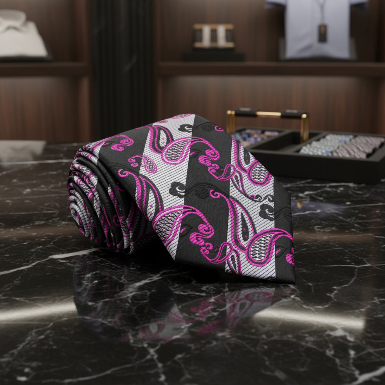 A Black, Grey, Purple Paisley Pattern Necktie