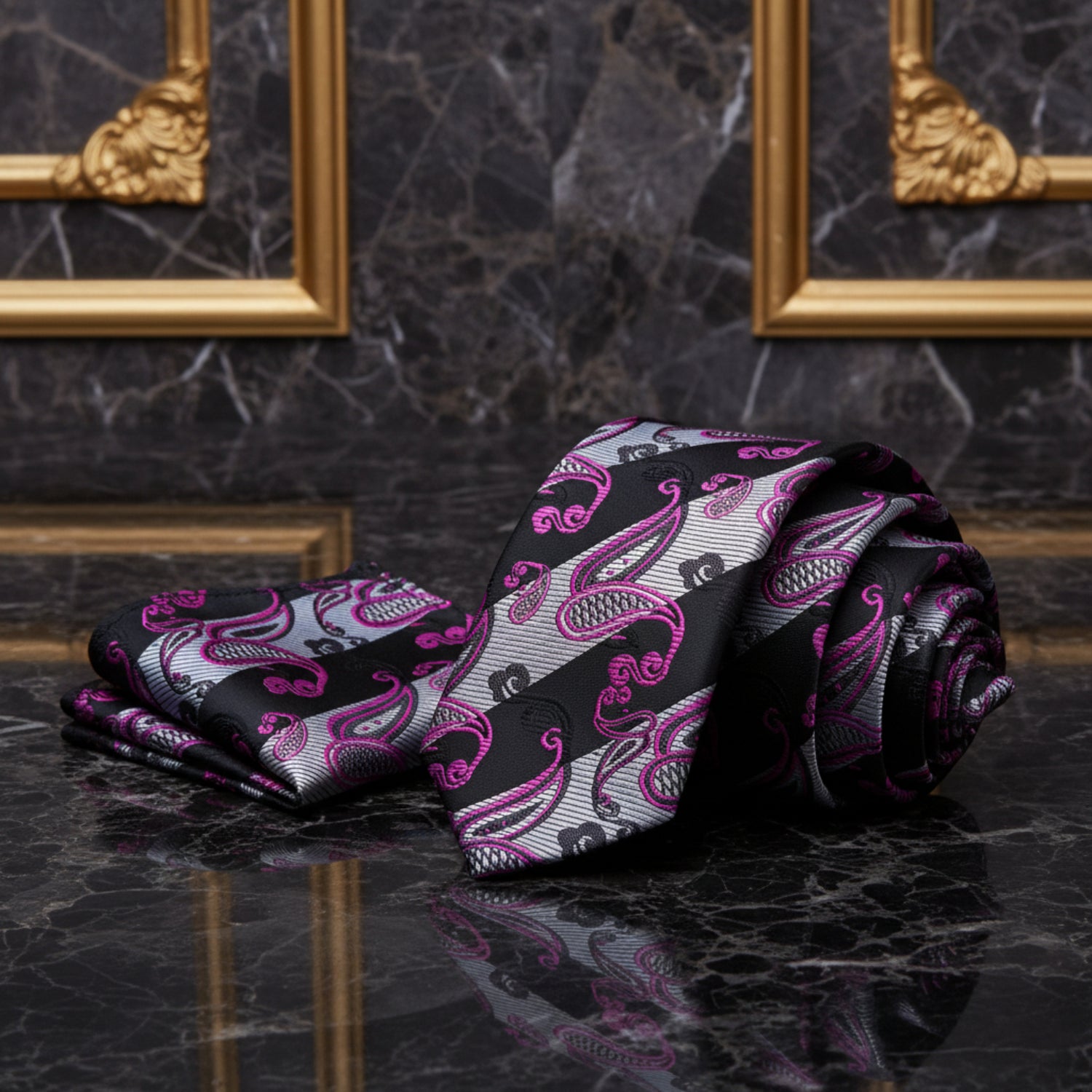 Alt View; A Black, Grey, Purple Paisley Pattern Necktie, Matching Pocket Square|