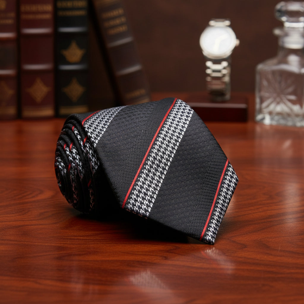 A Black, Grey, Red Stripe With Houndstooth Pattern Necktie 