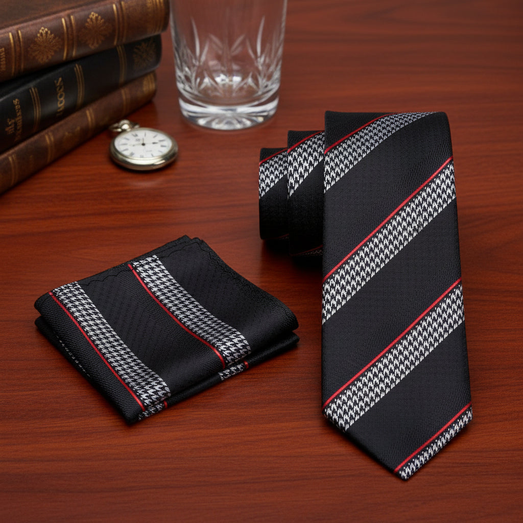 Alt View: A Black, Grey, Red Stripe With Houndstooth Pattern Necktie, Matching Pocket Square