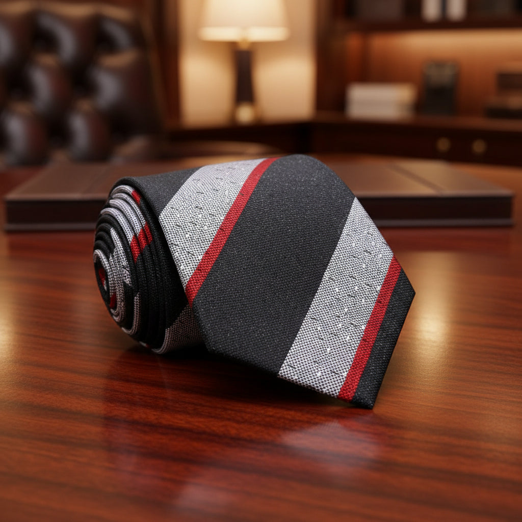 A Black, Grey, Red Stripe Pattern Necktie 