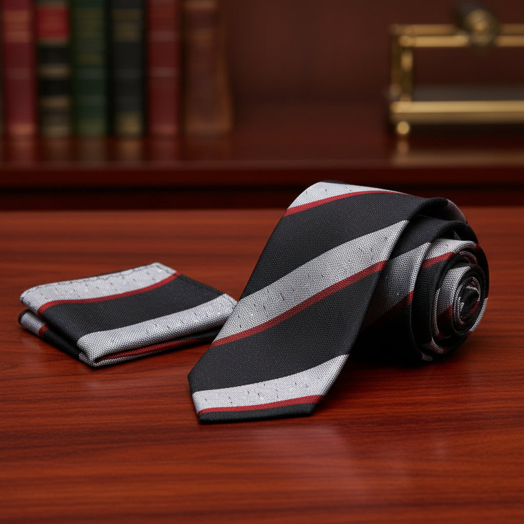 Alt View: A Black, Grey, Red Stripe Pattern Necktie, Matching Pocket Square
