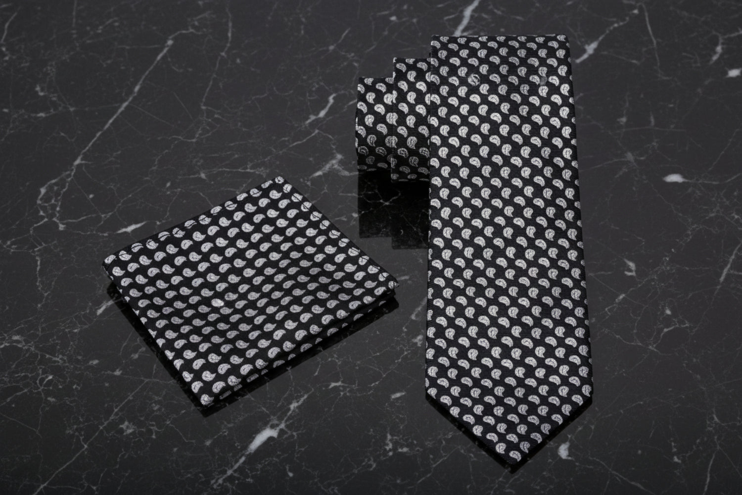 Alt View; Black, Grey Small Paisley Tie and Pocket Square
