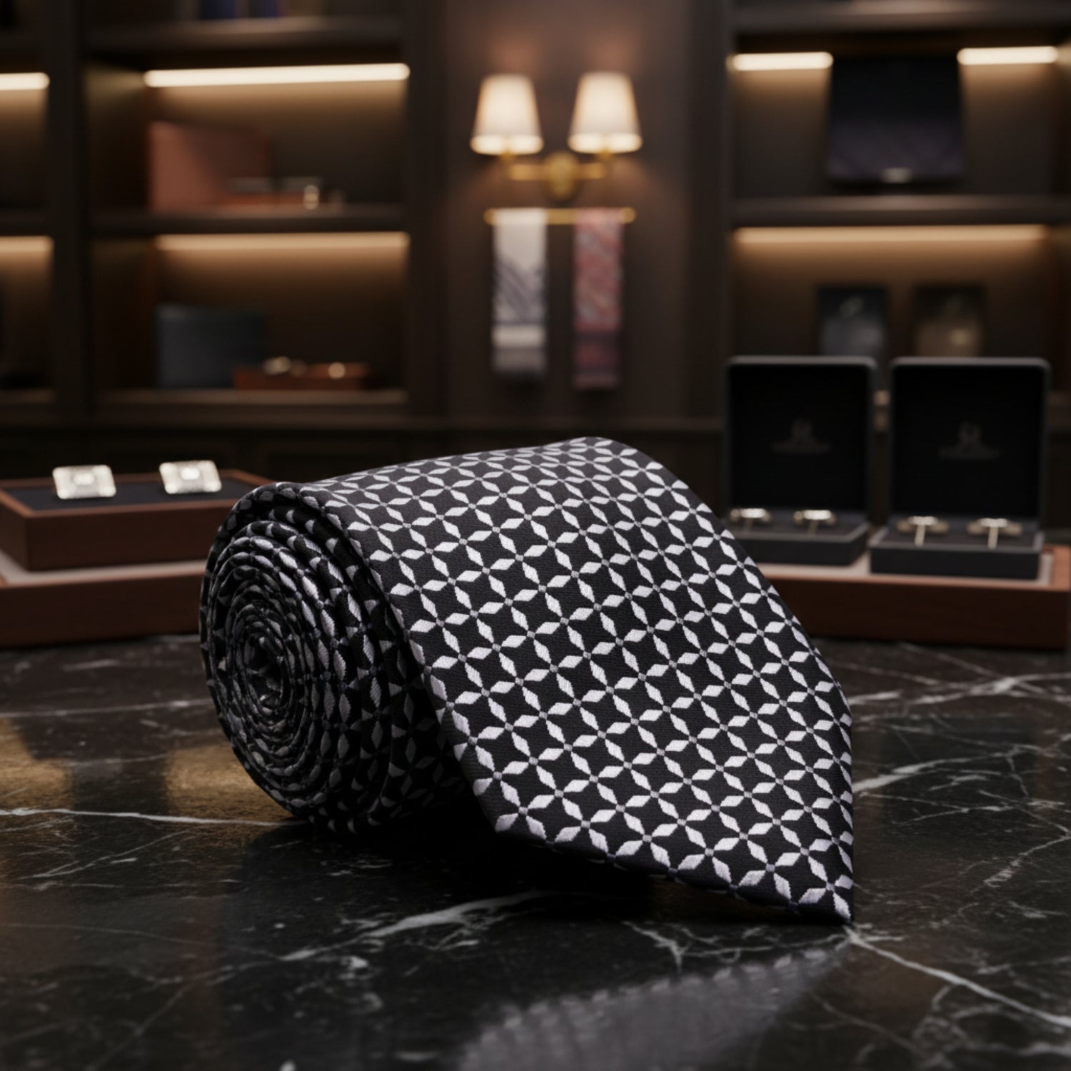 A Black With Grey Geometric X Pattern Silk Necktie, Dark Grey, Black Tie 