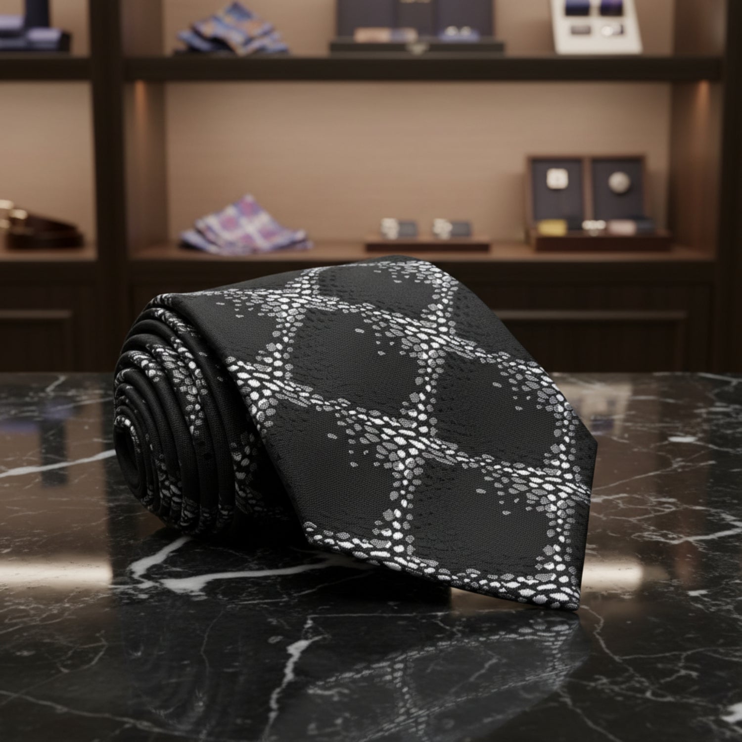 A Grey, Black Geometric Diamonds Pattern Silk Necktie 