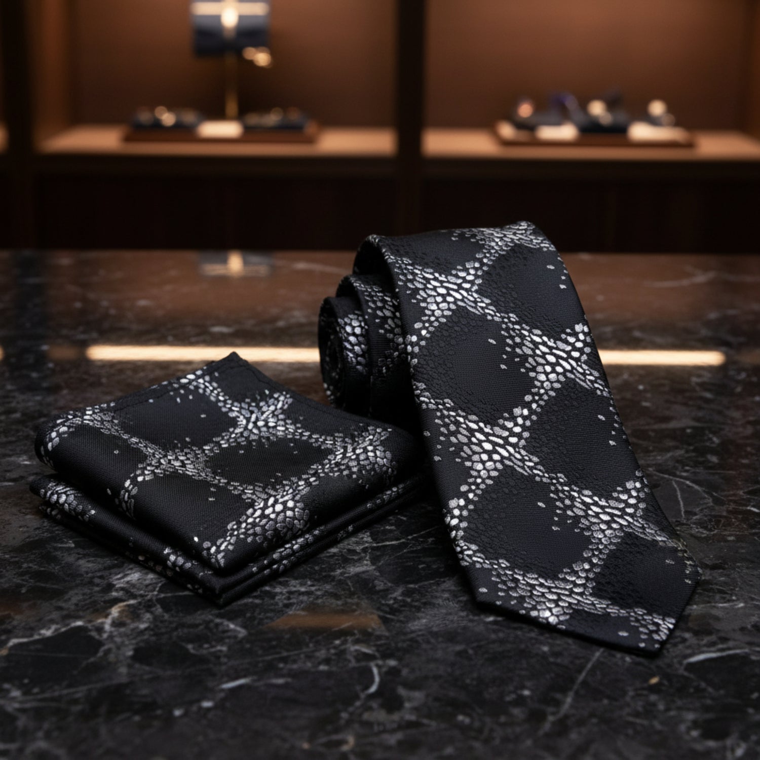 Alt View: A Grey, Black Geometric Diamonds Pattern Silk Necktie, Matching Pocket Square