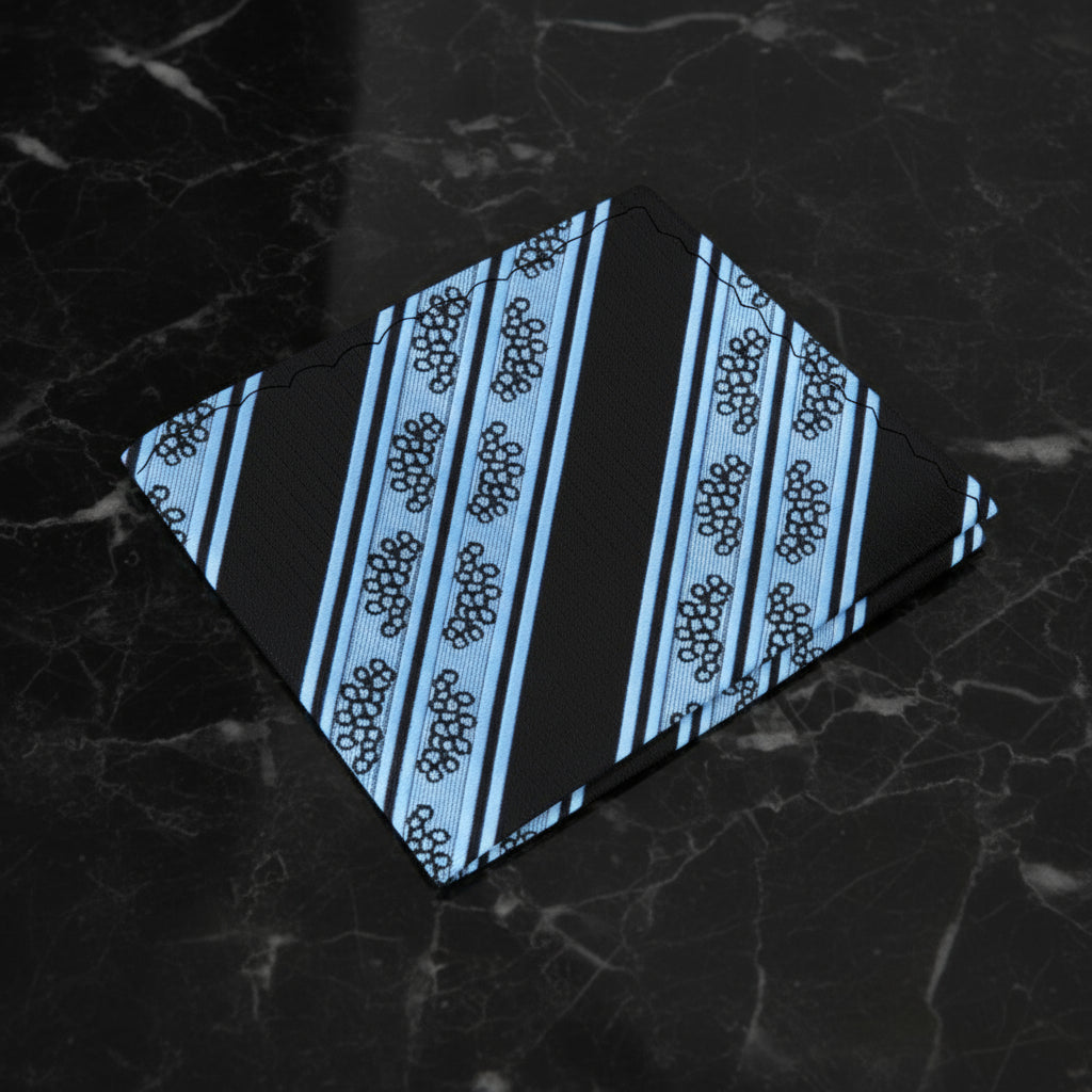 Main View: Black, Ice Blue Stripe with Small Intricate Design Pocket Square