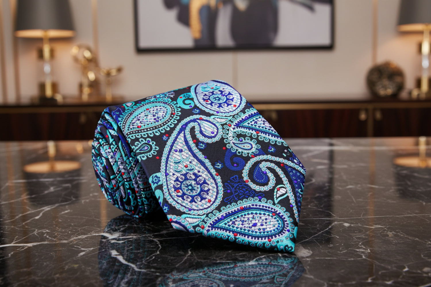 Black, Ice, Blue, Red Paisley Tie  