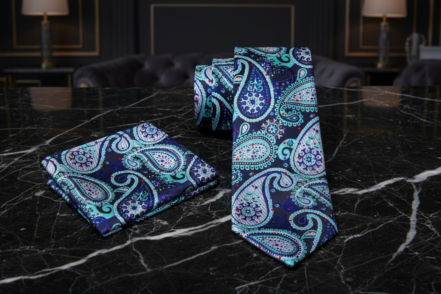 Alt View: Black, Ice, Blue, Red Paisley Tie and Pocket Square