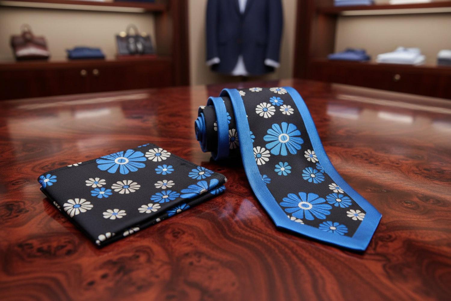 Alt View: Light Blue and Black Cactus Flower Tie and Pocket Square