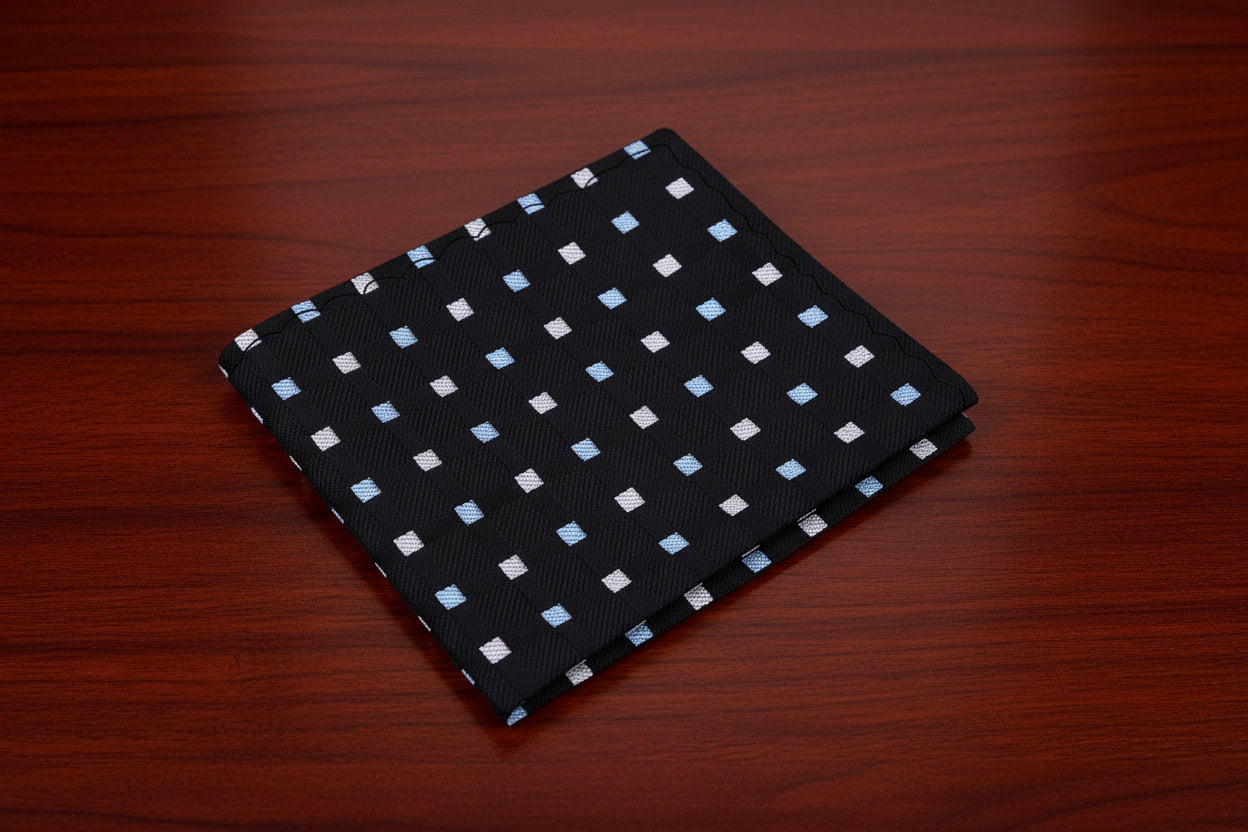 Main View: A Black, Light Blue, Light Grey Color Geometric Diamonds Pattern Pocket Square