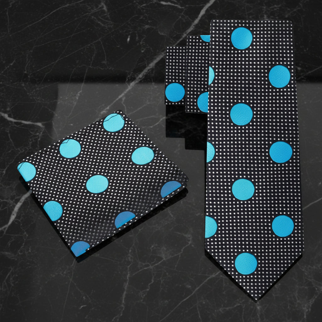 Alt View: A Black, Light Blue Dots Pattern Silk Necktie, Matching Pocket Square