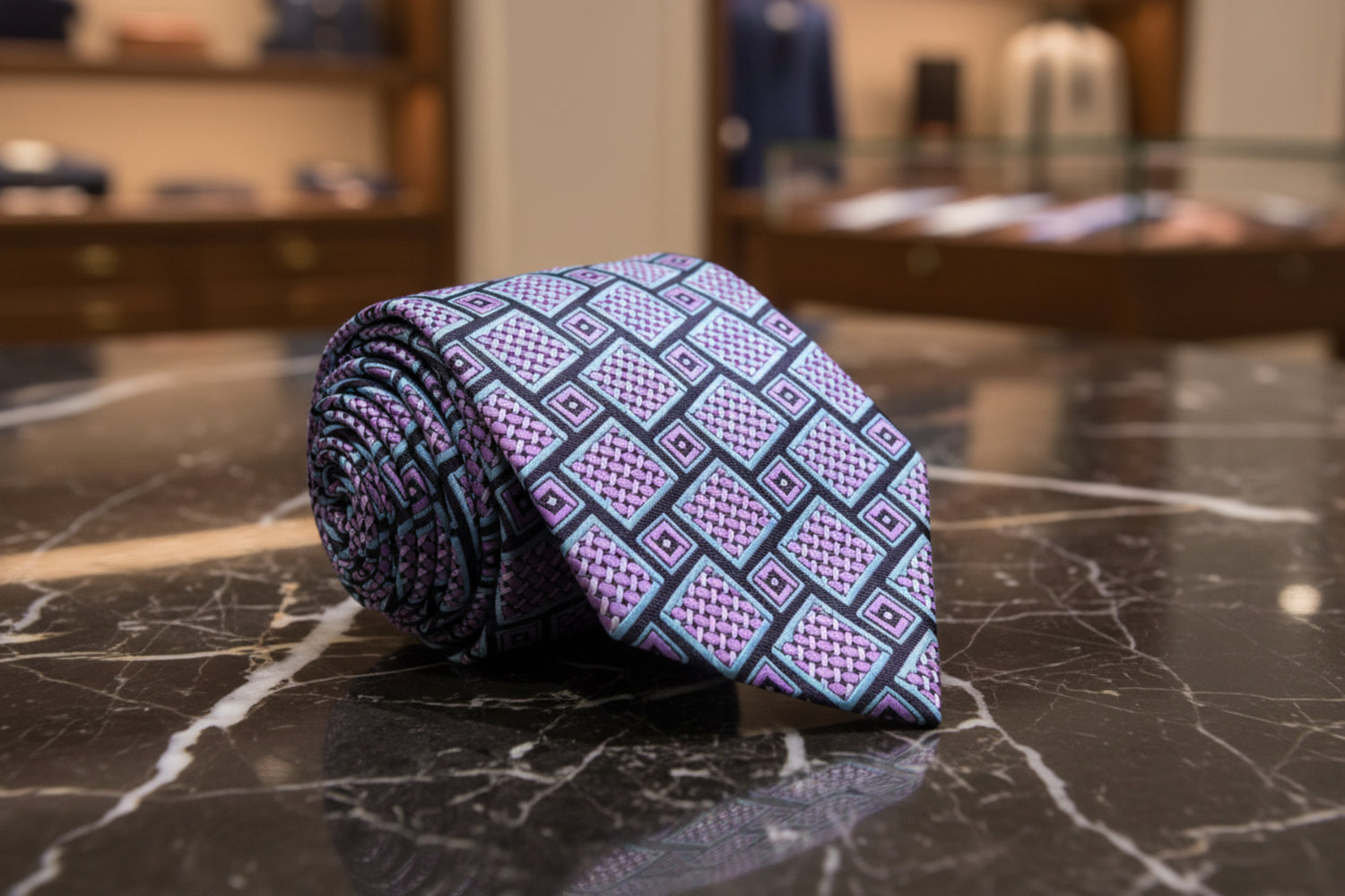 A Grey, Teal, Purple Abstract Shapes Pattern Silk Necktie
