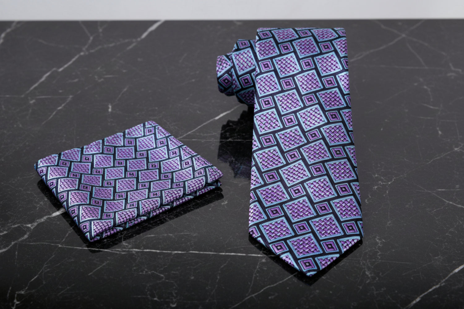 Alt View; A Grey, Teal, Purple Abstract Shapes Pattern Necktie, Matching Pocket Square