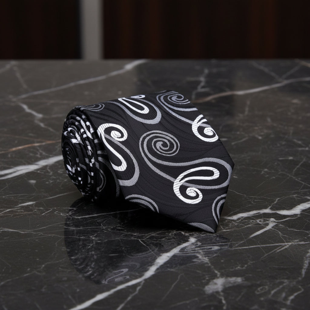 A Black, Light Grey, White Pattern Necktie 