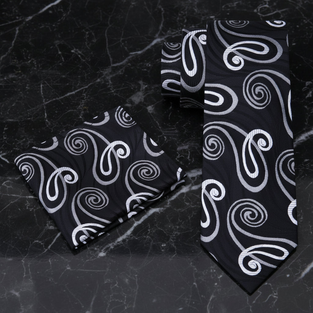 Alt View: A Black, Light Grey, White Pattern Necktie, Matching Pocket Square