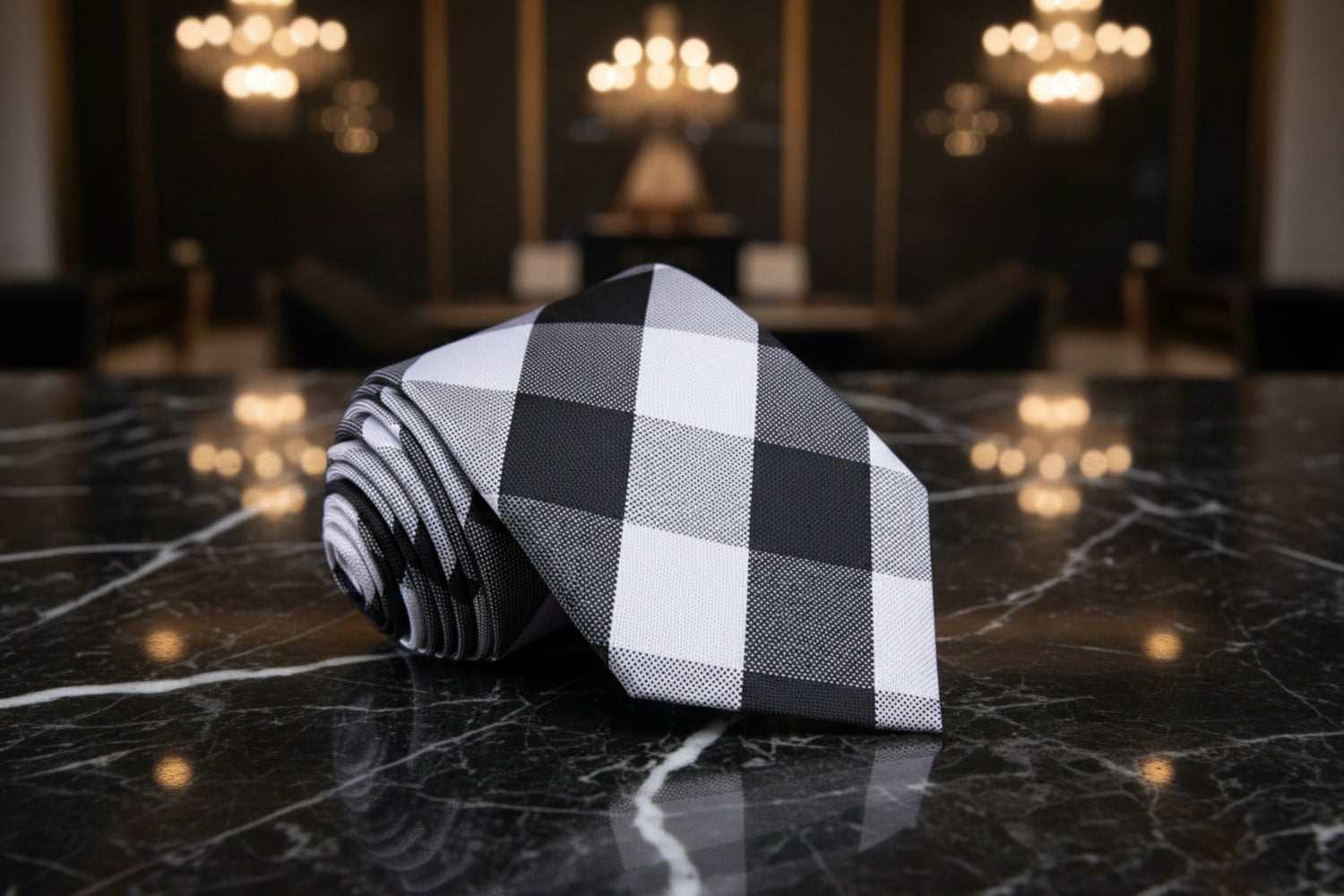 A Grey, Black Plaid Pattern Necktie 
