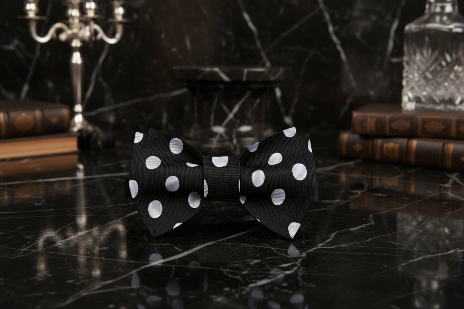 A Black, Light Grey Polka Pattern Self Tie Bow Tie Bow Tie