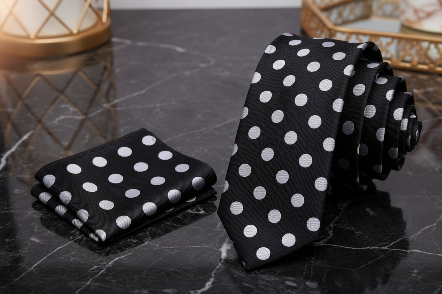 Alt View: A Black, Grey Polka Dot Pattern Necktie, Matching Pocket Square