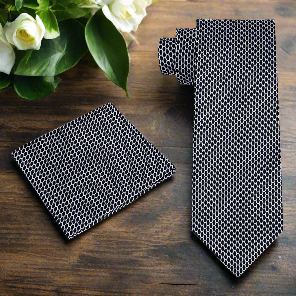 Alt View: A Dark Graphite, White Geometric Oval Shaped Pattern Necktie, Matching Pocket Square