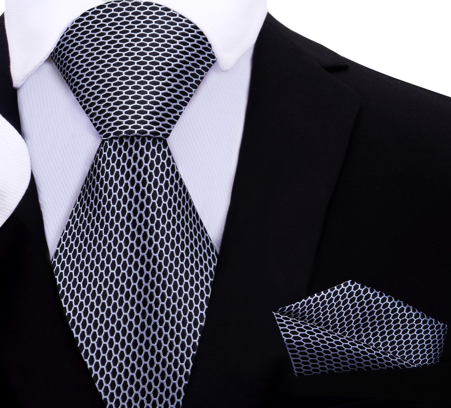 A Dark Graphite, White Geometric Oval Shaped Pattern Necktie, Matching Pocket Square
