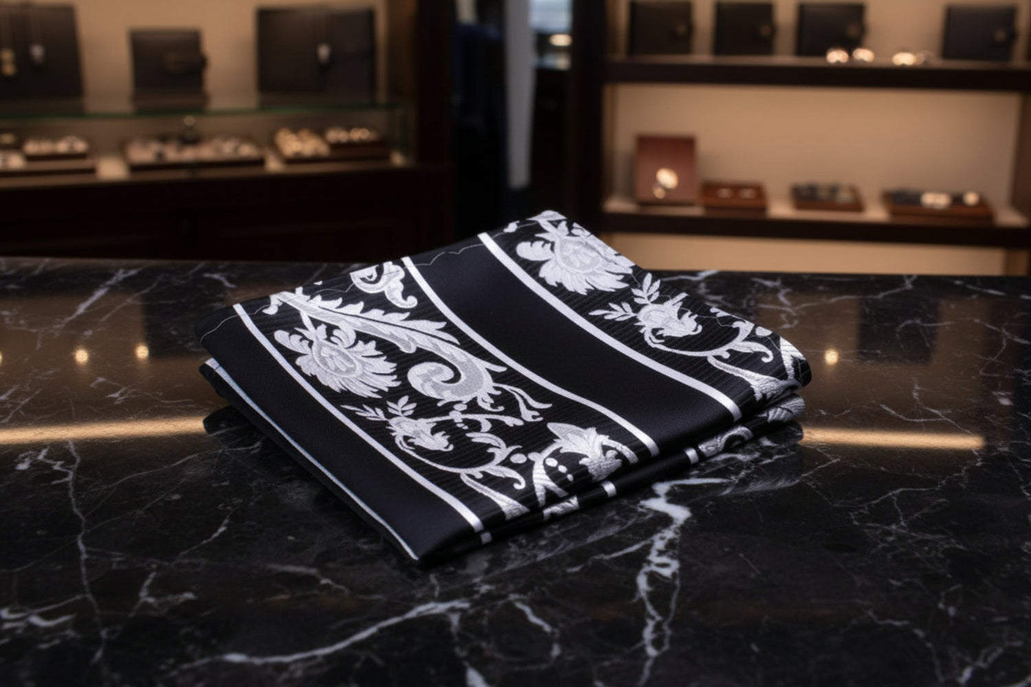 A Black, White Floral With Stripe Pattern Pocket Square