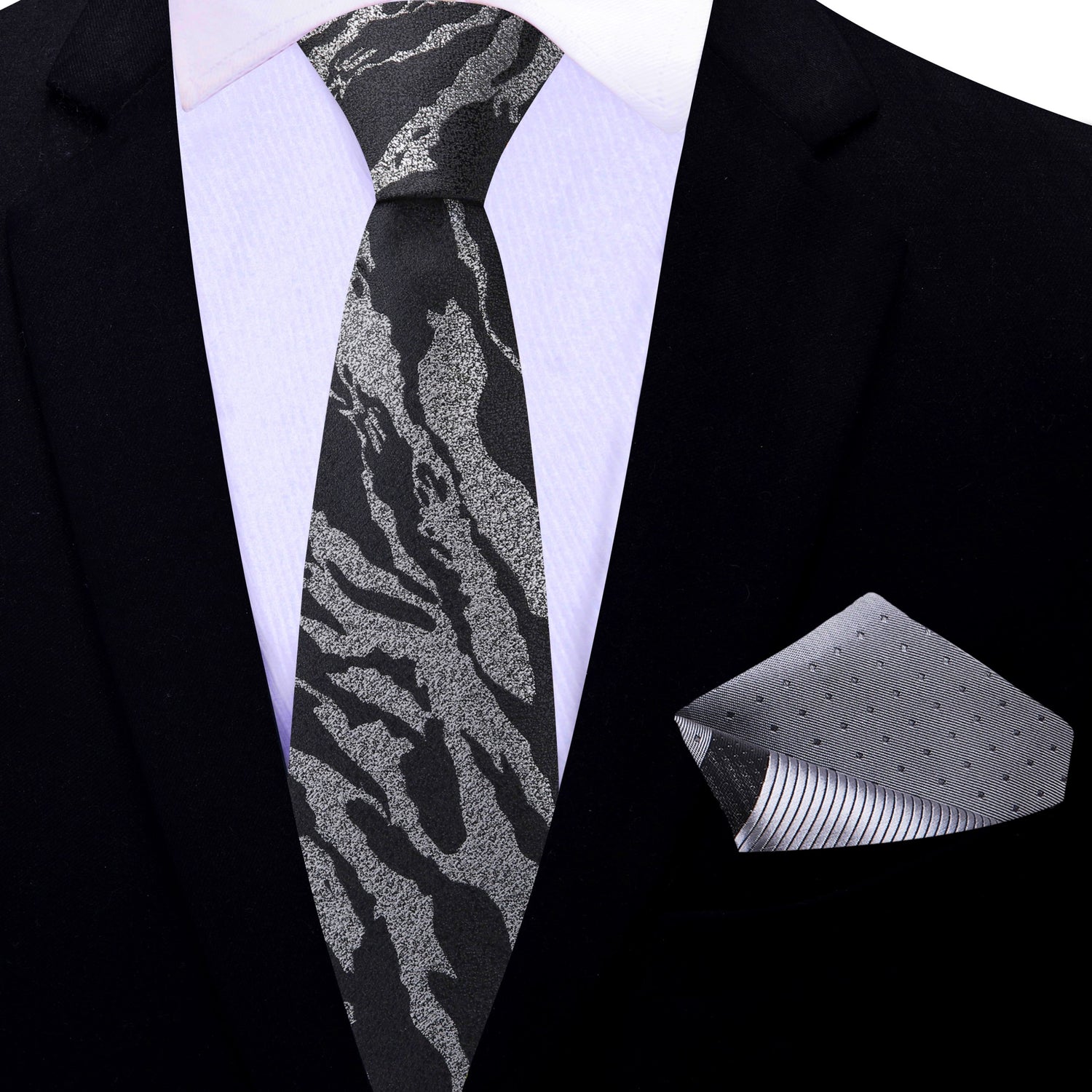 Thin Tie: Black and Metallic Silver Abstract Tie and Accenting Square