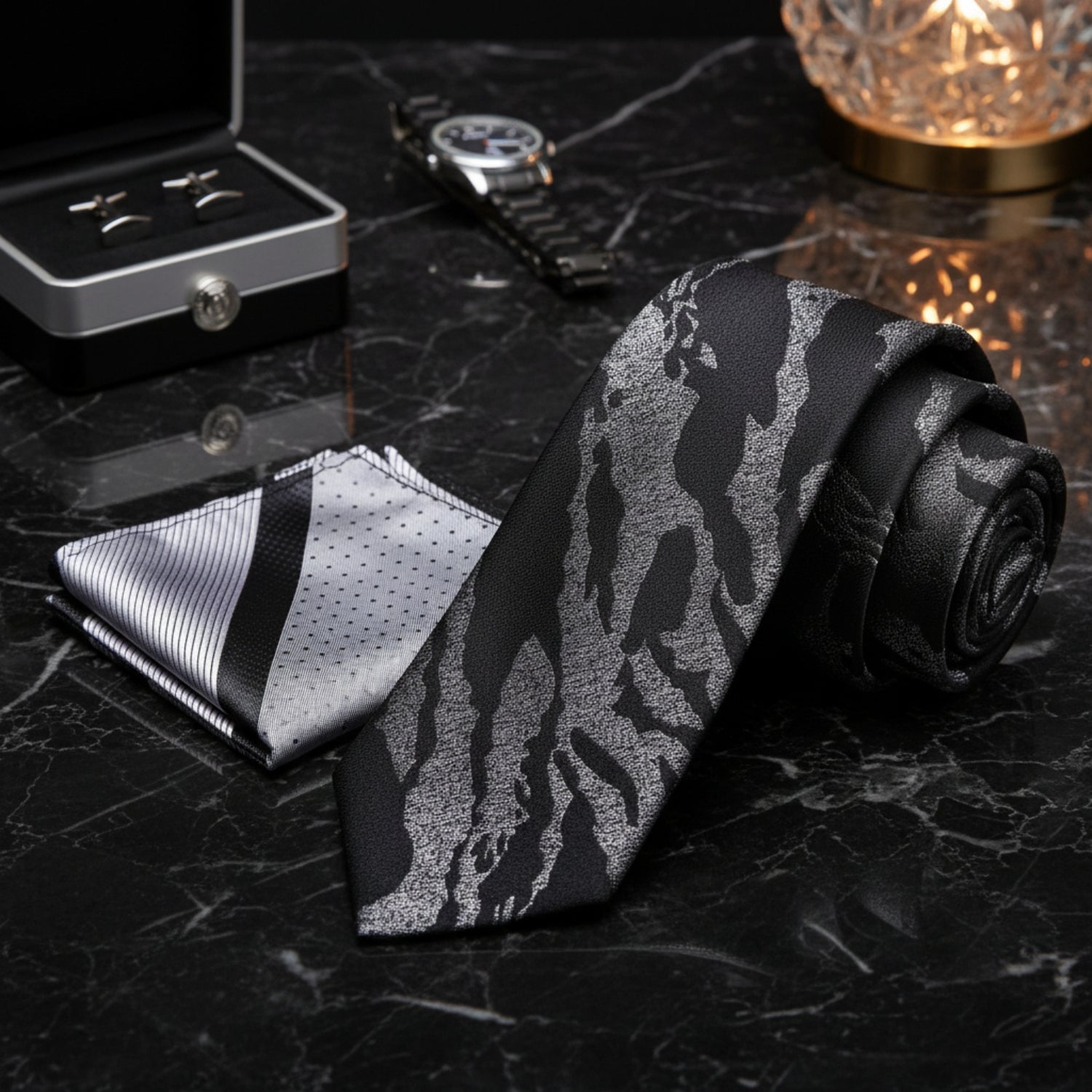 Alt View: Black and Metallic Silver Abstract Tie and Accenting Square