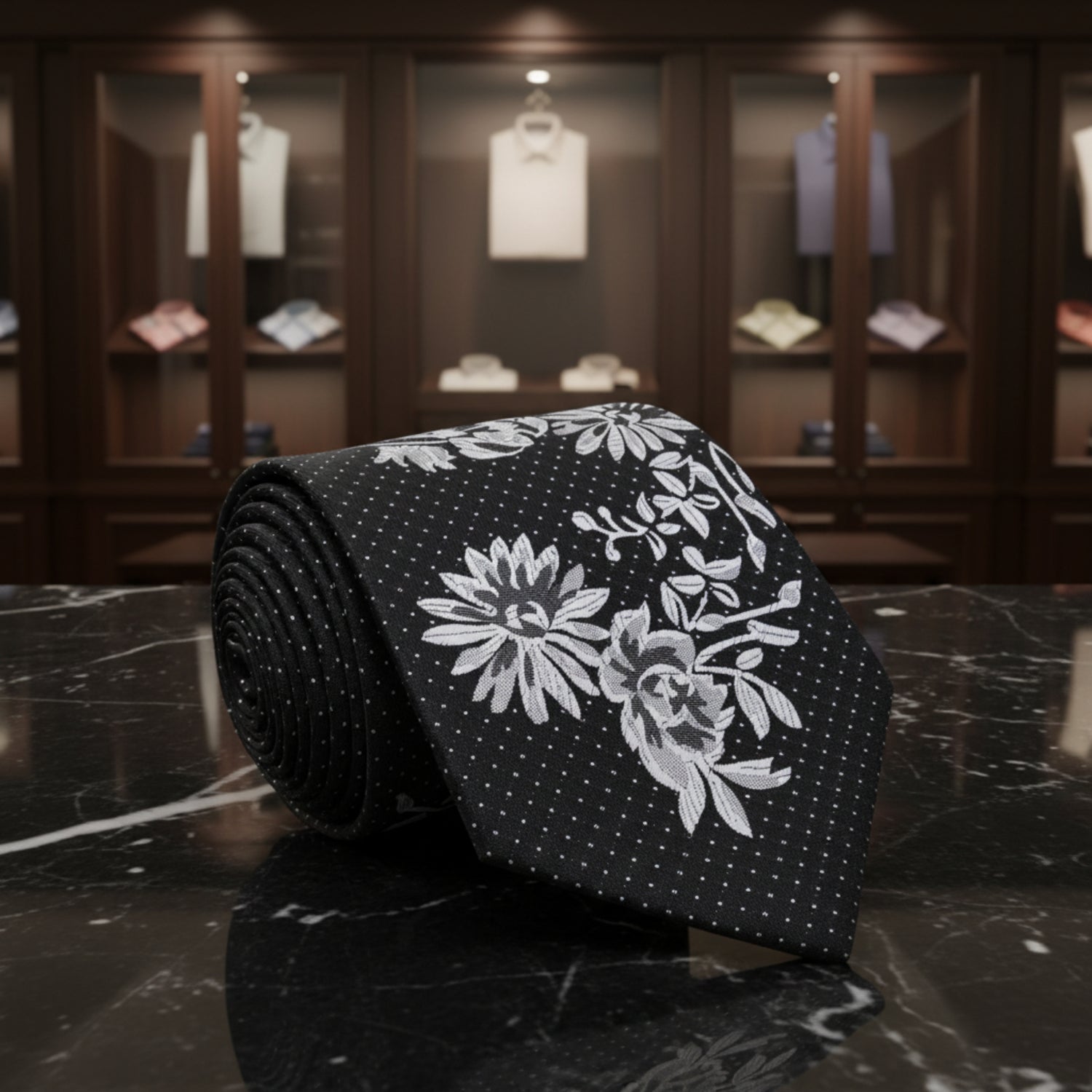 Black, White, Grey Flowers and Dots Tie 