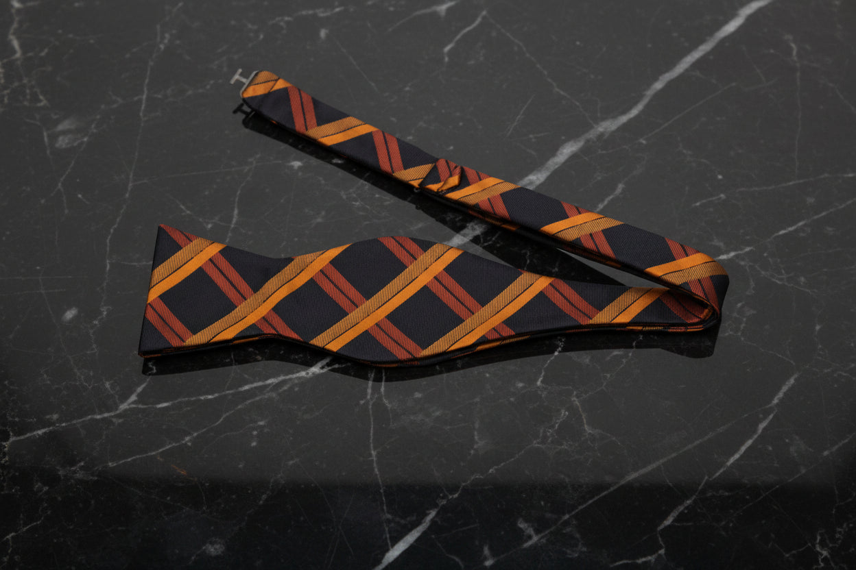  Black, Orange Geometric Plaid Pattern Self Tie Bow Tie Untied