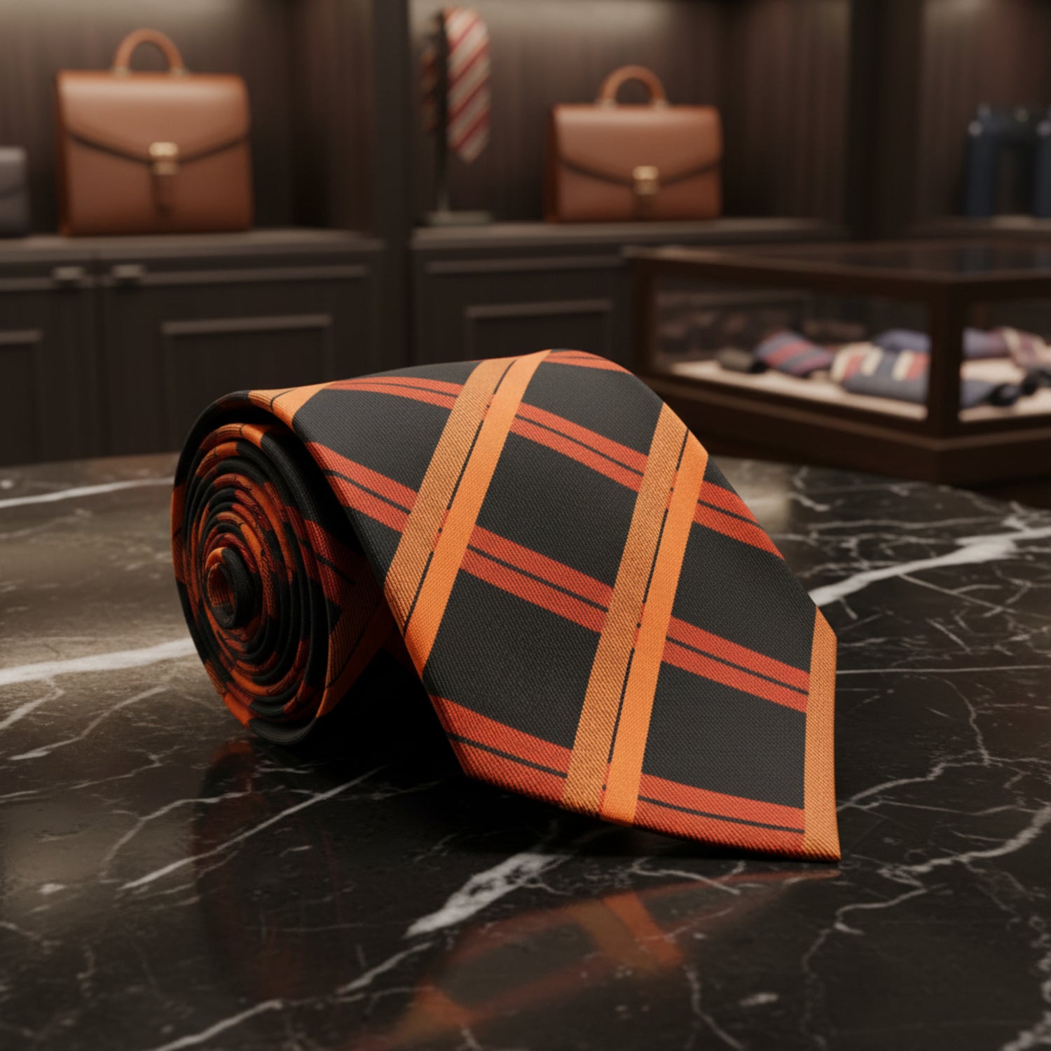 A Black, Orange Intersecting Lines Pattern Necktie 