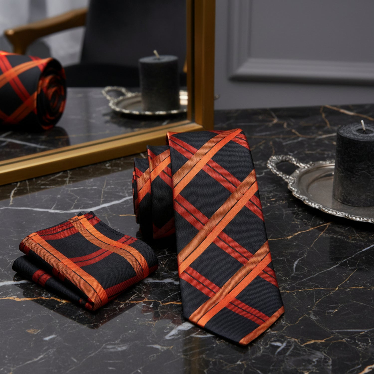 Alt View: A Black, Orange Intersecting Lines Pattern Necktie, Matching Pocket Square