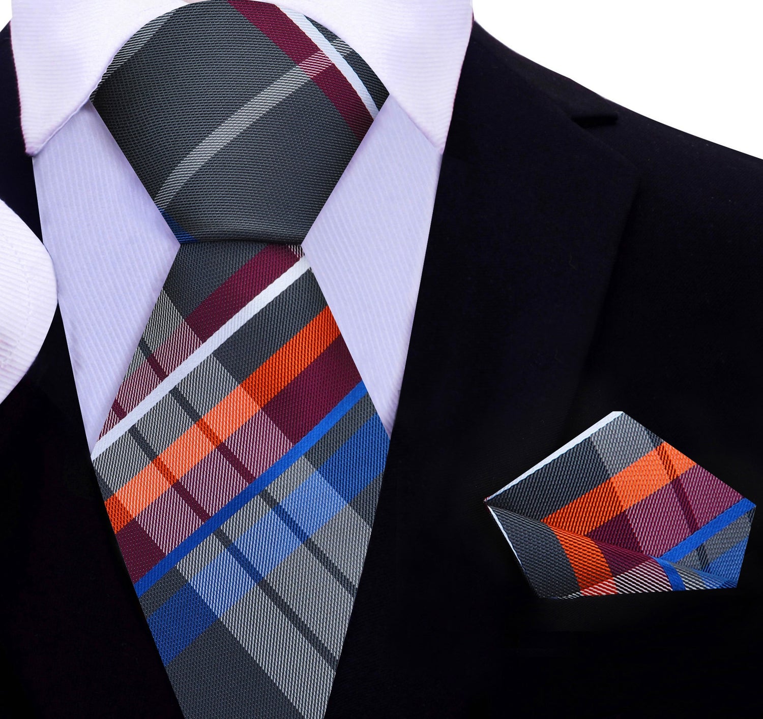 A Black, Burgundy, Orange, Blue Plaid Pattern Silk Necktie, With Matching Pocket Square