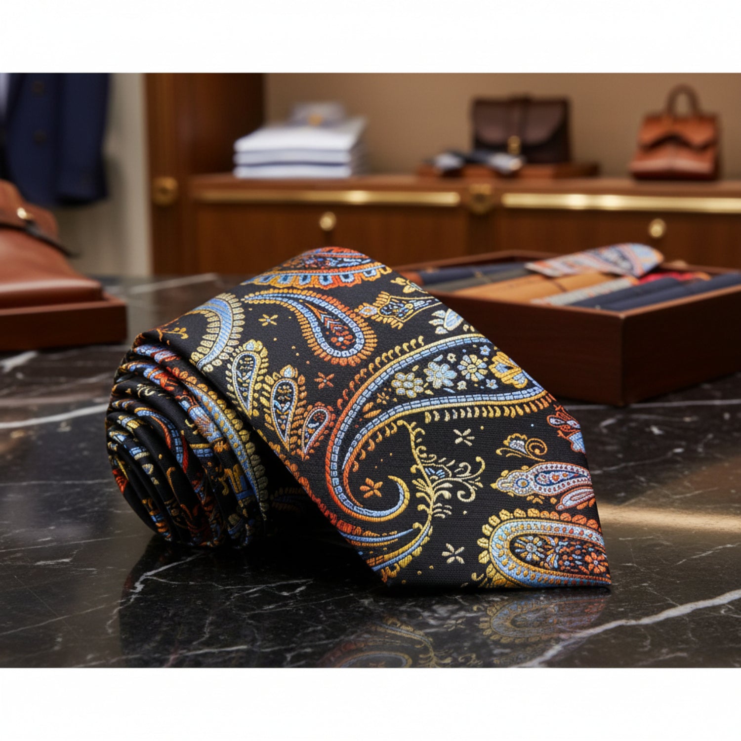 Black, Red, Orange, Yellow and Light Blue Paisley Tie  