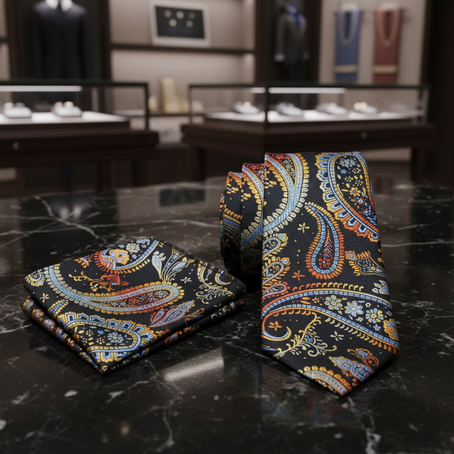 Alt View: Black, Red, Orange, Yellow and Light Blue Paisley Tie and Pocket Square