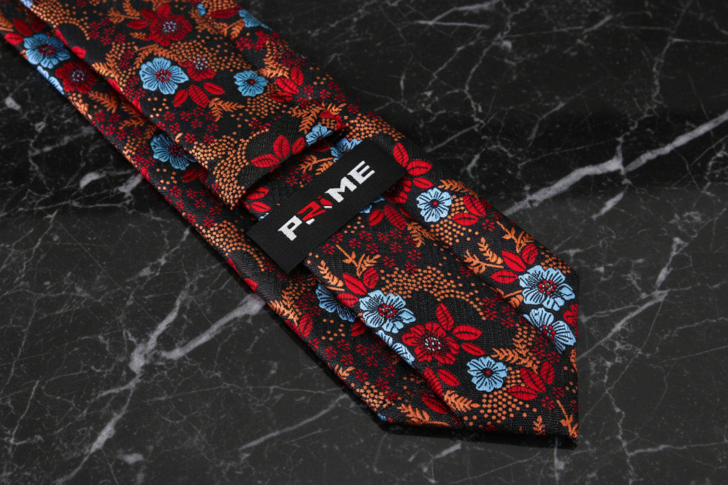 Tie Keep: Black, Orange, Red, Light Blue Floral Tie 