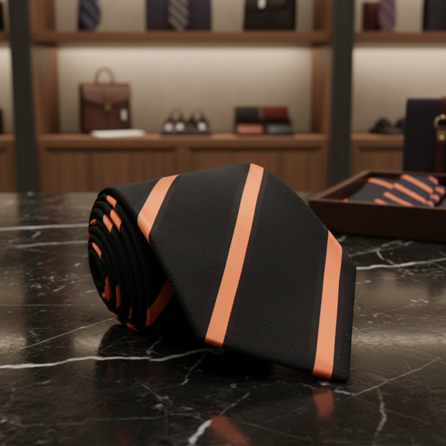 Black, Orange Stripe Tie and Black Orange Vines Square ||Black, Orange