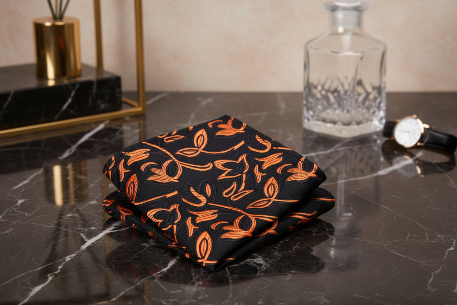 A Black, Orange Vines Pattern Pocket Square